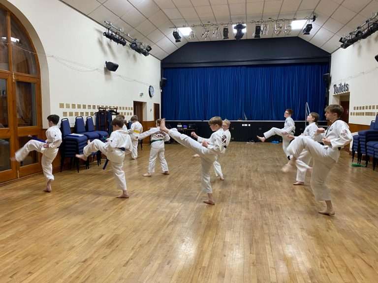 Students demonstrating kicks during Poomse practice.