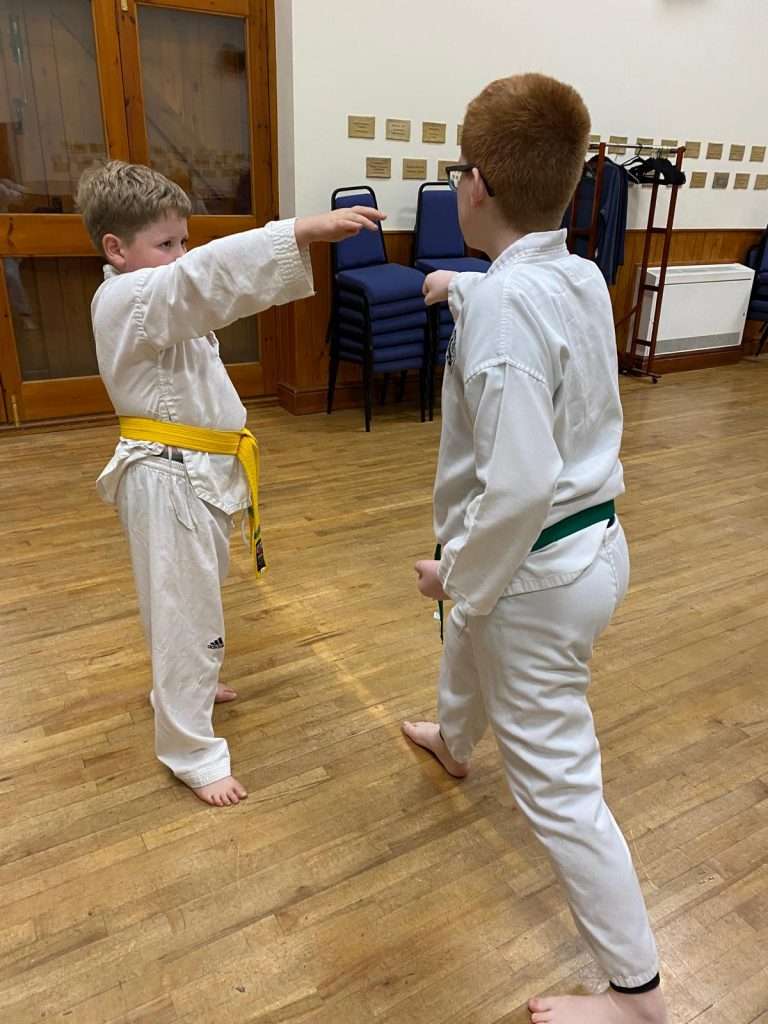 A yellow and blue belt practicing 'One Step Sparring'
